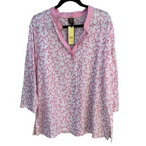 Boo Gemes Pink Coral Pattern Silk Cotton Blend Womens V-Neck Tunic Blouse New L